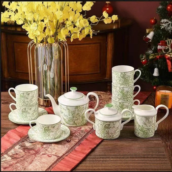 Set european de ceai și cafea din porțelan bone china, cu model Lily of the Valley, ceainic ceramic, pot pentru cafea, zaharniță, cană de lapte și cești – cadou