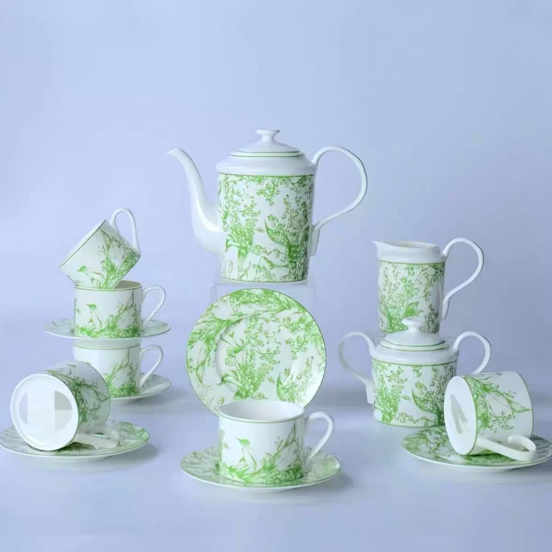Set european de ceai și cafea din porțelan bone china, cu model Lily of the Valley, ceainic ceramic, pot pentru cafea, zaharniță, cană de lapte și cești – cadou