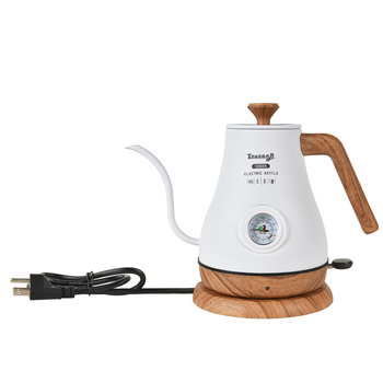 Ceainic electric din oțel inoxidabil, gură subțire pentru cafea la filtru, controlul temperaturii, protecție împotriva uscării, finisaj vintage lacuit cu textură lemnoasă, afișaj vizibil al temperaturii.