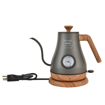Ceainic electric din oțel inoxidabil, gură subțire pentru cafea la filtru, controlul temperaturii, protecție împotriva uscării, finisaj vintage lacuit cu textură lemnoasă, afișaj vizibil al temperaturii.