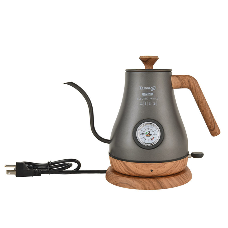 Ceainic electric din oțel inoxidabil, gură subțire pentru cafea la filtru, controlul temperaturii, protecție împotriva uscării, finisaj vintage lacuit cu textură lemnoasă, afișaj vizibil al temperaturii.