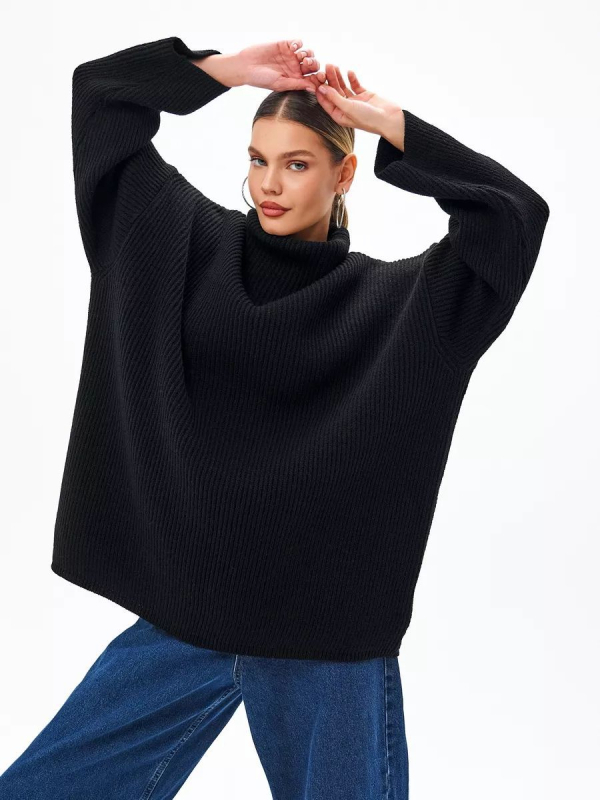 Oversize garbó magas nyakkal, hosszú ujjú, laza szabású, meleg kötött