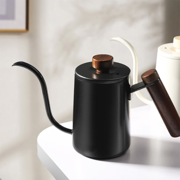 Căniță pentru cafea pour-over, utilizare casnică, oțel inoxidabil 304, gură lungă îngustă, capac, negru sau alb