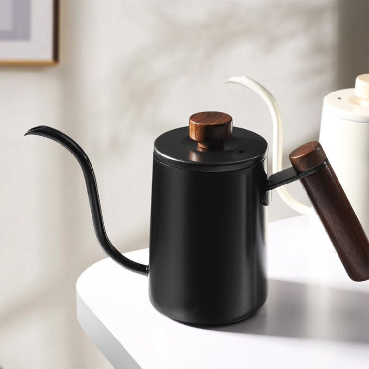 Căniță pentru cafea pour-over, utilizare casnică, oțel inoxidabil 304, gură lungă îngustă, capac, negru sau alb
