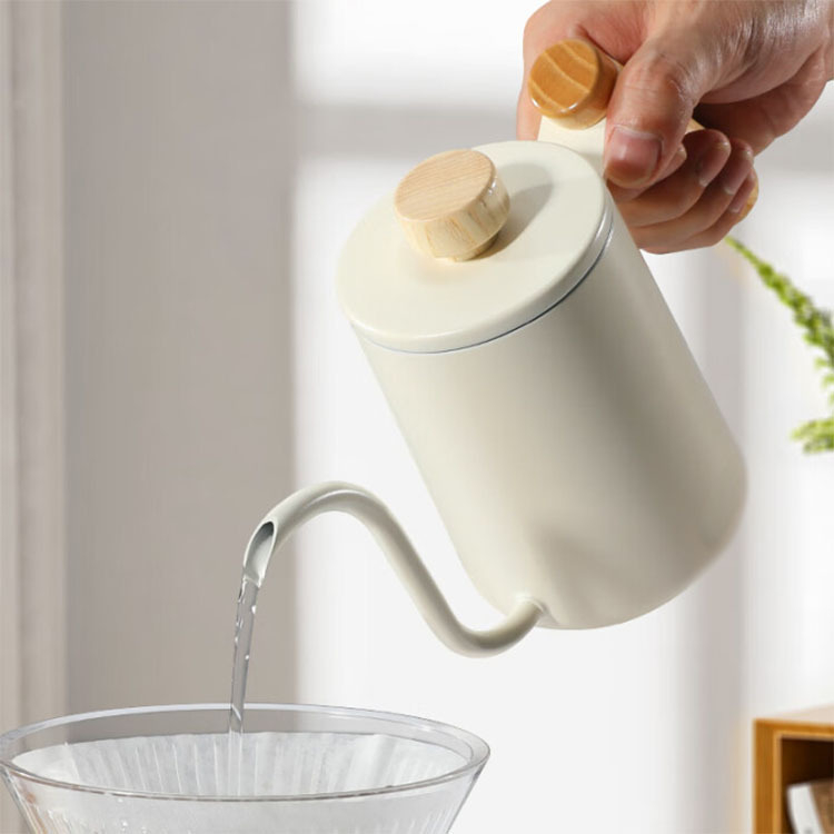 Căniță pentru cafea pour-over, utilizare casnică, oțel inoxidabil 304, gură lungă îngustă, capac, negru sau alb