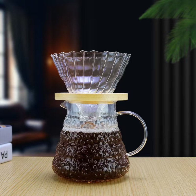 Set Diamond pentru cafea cu ceașcă de filtrare și ibric de turnare din sticlă, cu dungi verticale, pentru prepararea cafelei acasă