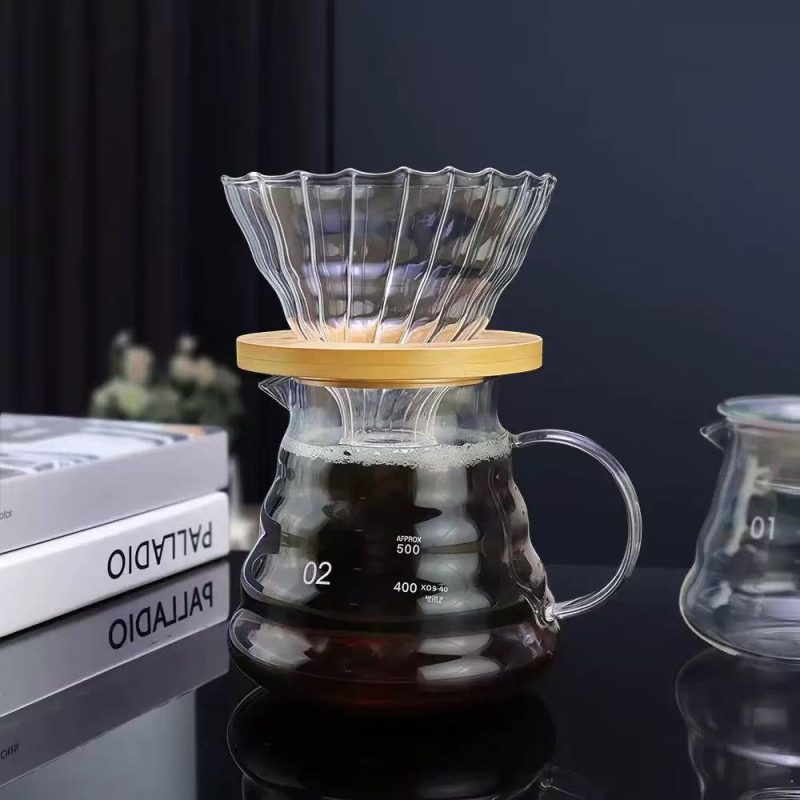 Set Diamond pentru cafea cu ceașcă de filtrare și ibric de turnare din sticlă, cu dungi verticale, pentru prepararea cafelei acasă