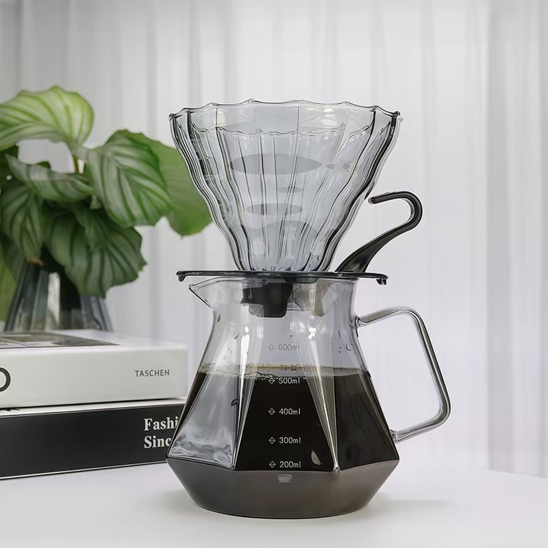 Set Diamond pentru cafea cu ceașcă de filtrare și ibric de turnare din sticlă, cu dungi verticale, pentru prepararea cafelei acasă