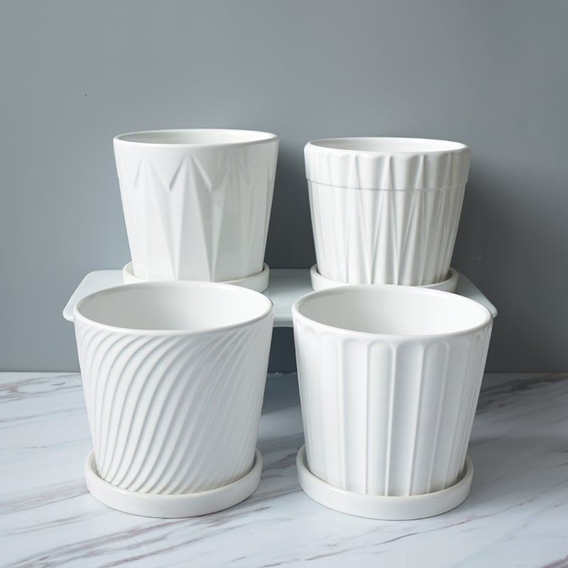 Ghiveci ceramic cu farfurie pentru birou și balcon, pentru suculente, cu dungi albe, suport pentru plante