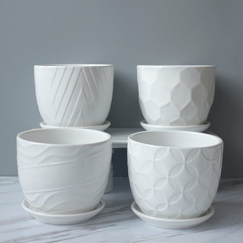 Ghiveci ceramic cu farfurie pentru birou și balcon, pentru suculente, cu dungi albe, suport pentru plante