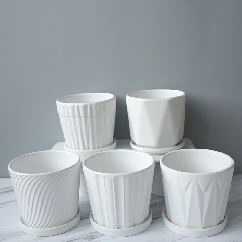 Ghiveci ceramic cu farfurie pentru birou și balcon, pentru suculente, cu dungi albe, suport pentru plante
