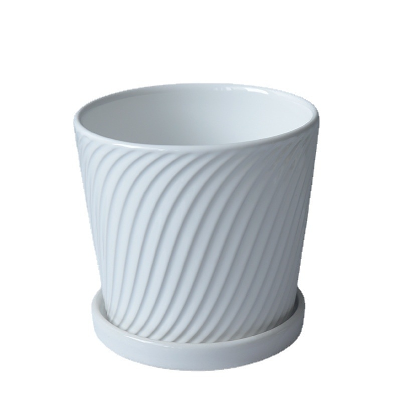 Ghiveci ceramic cu farfurie pentru birou și balcon, pentru suculente, cu dungi albe, suport pentru plante