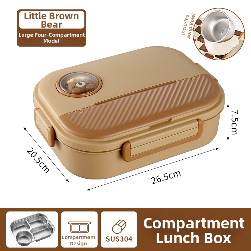 Kutija za ručak od nehrđajućeg čelika 304, s četiri pretinca, karikatura dizajn, izolirana, kvaliteta hrane, prijenosna kvadratna kutija za učenike i djecu