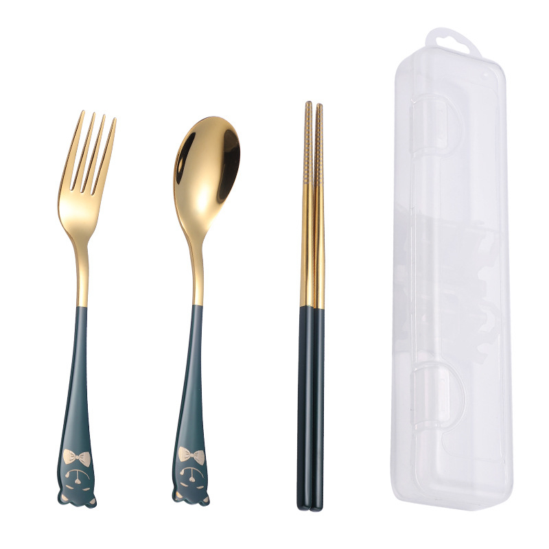Set portabil din oțel inoxidabil 304, trei piese: lingură, furculiță și bețișoare; design desen animat pentru elevi; pentru drumeții în aer liber; logotyp personalizat