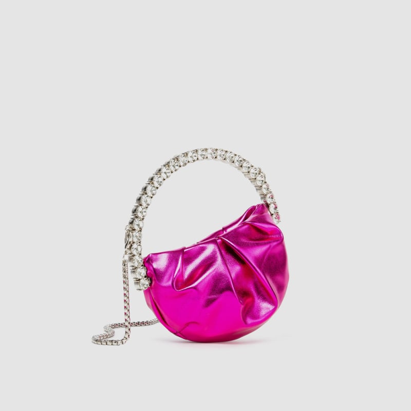 Kružna mini torbica s kristalima i lančićem – večernja crossbody torba s pretincom za ruž i pretincom za novčanik