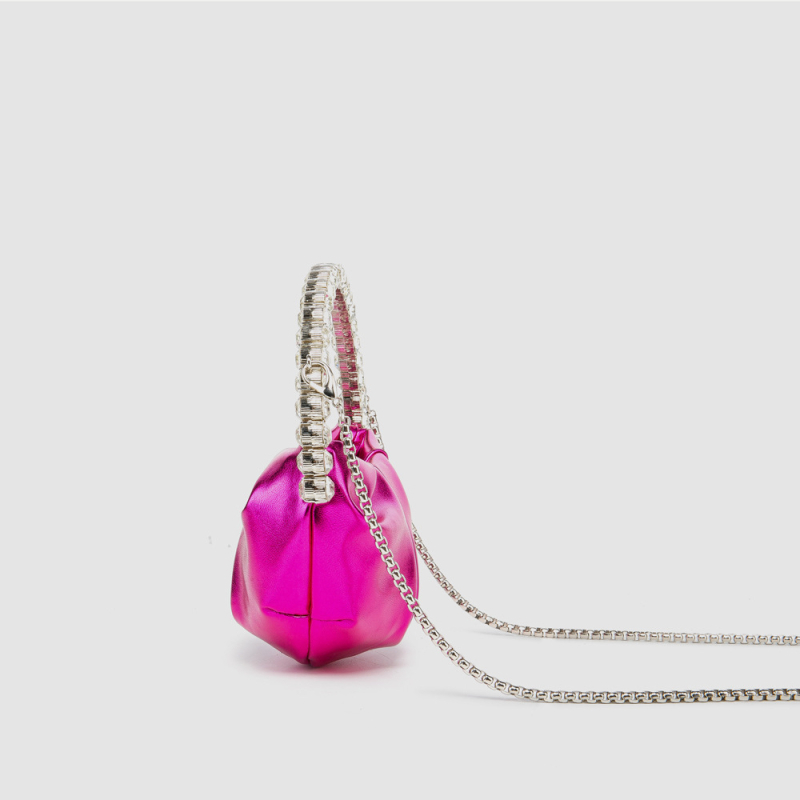 Kružna mini torbica s kristalima i lančićem – večernja crossbody torba s pretincom za ruž i pretincom za novčanik
