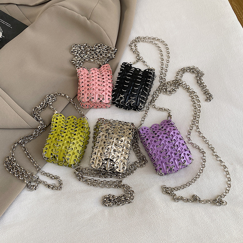 Ženska mini crossbody torbica s metalnim štrasom, ručno pletena, kaiš od lanca, torbica za ruž