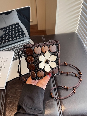 Ženska torbica u boho-etničkom stilu od kokosove ljuske, ručno pletena torbica za slušalice i ruž, vintage dizajn, mala novčanik.