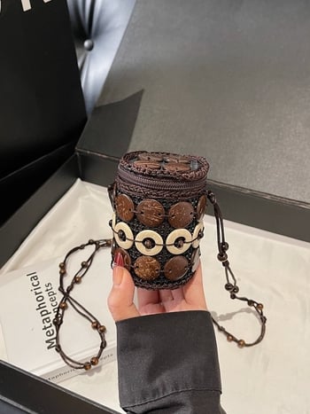 Ženska torbica u boho-etničkom stilu od kokosove ljuske, ručno pletena torbica za slušalice i ruž, vintage dizajn, mala novčanik.