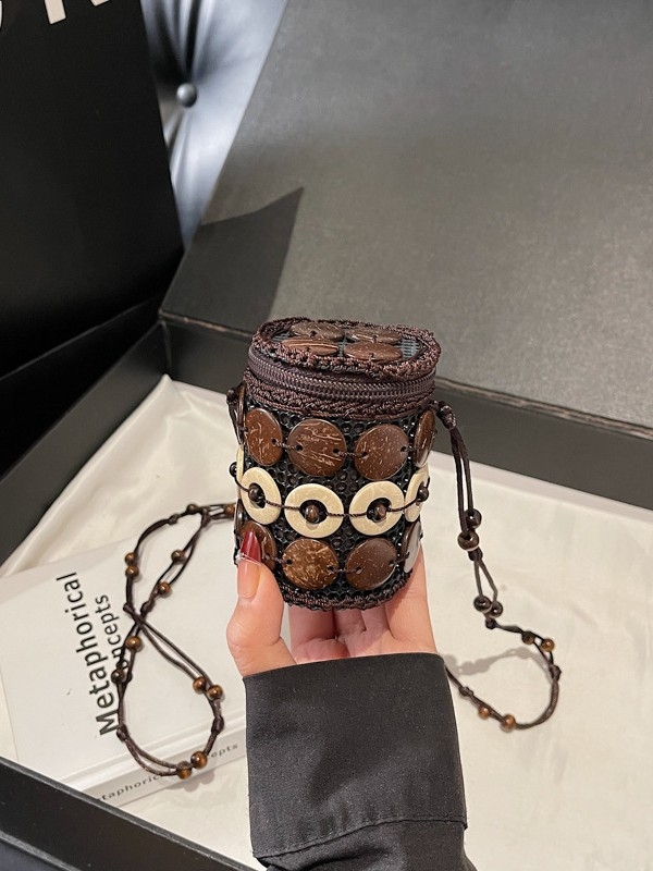 Ženska torbica u boho-etničkom stilu od kokosove ljuske, ručno pletena torbica za slušalice i ruž, vintage dizajn, mala novčanik.