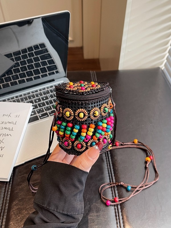 Ženska torbica u boho-etničkom stilu od kokosove ljuske, ručno pletena torbica za slušalice i ruž, vintage dizajn, mala novčanik.