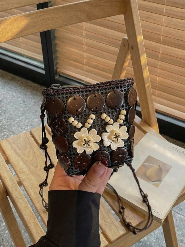 Ženska torbica u boho-etničkom stilu od kokosove ljuske, ručno pletena torbica za slušalice i ruž, vintage dizajn, mala novčanik.