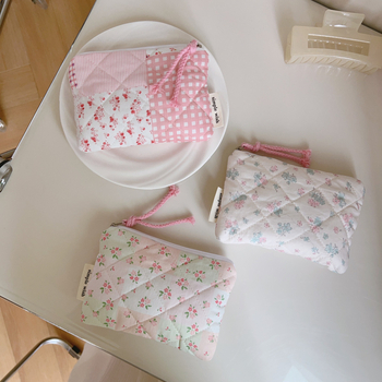 Soohee Platnena torba – ružičasta cvjetna kviltana torbica, mini menstrualna torba, organizator za ruž i slušalice
