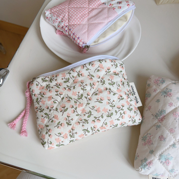Soohee Platnena torba – ružičasta cvjetna kviltana torbica, mini menstrualna torba, organizator za ruž i slušalice