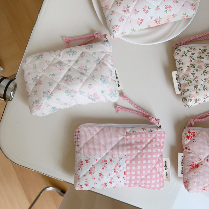 Soohee Platnena torba – ružičasta cvjetna kviltana torbica, mini menstrualna torba, organizator za ruž i slušalice