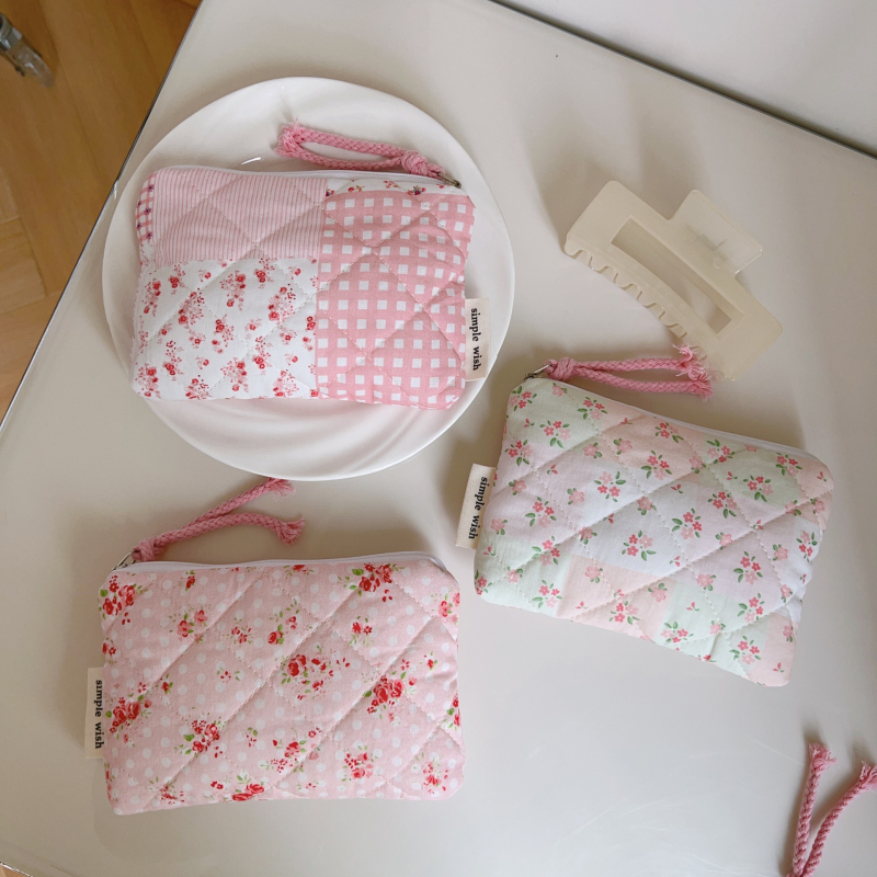 Soohee Platnena torba – ružičasta cvjetna kviltana torbica, mini menstrualna torba, organizator za ruž i slušalice