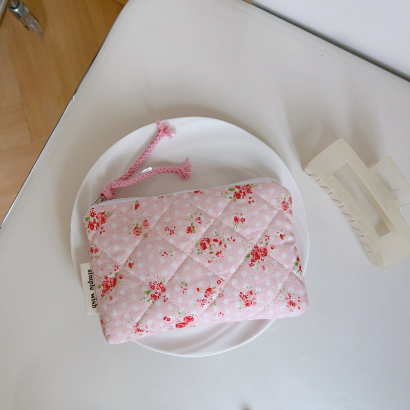 Soohee Platnena torba – ružičasta cvjetna kviltana torbica, mini menstrualna torba, organizator za ruž i slušalice