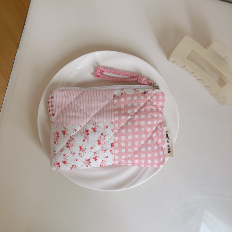 Soohee Platnena torba – ružičasta cvjetna kviltana torbica, mini menstrualna torba, organizator za ruž i slušalice