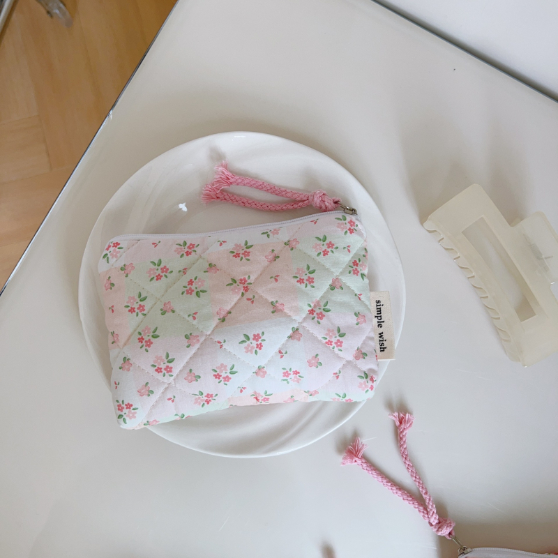 Soohee Platnena torba – ružičasta cvjetna kviltana torbica, mini menstrualna torba, organizator za ruž i slušalice