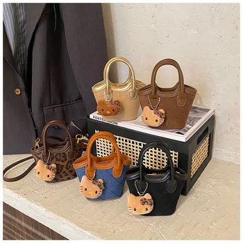 Bucket torba u korejskom stilu s leopard uzorkom, mat koža, mini crossbody torba za ramena, džep za ruž