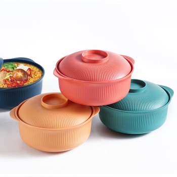 Vas din plastic cu capac pentru tăiței instant, formă circulară, diametru 20 cm, model cu dungi, stil modern minimalist, potrivit pentru microunde