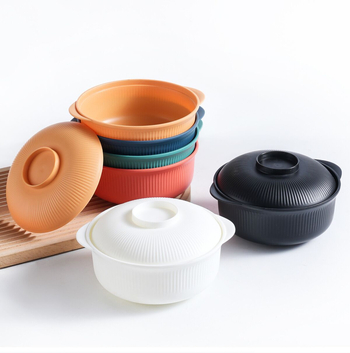 Vas din plastic cu capac pentru tăiței instant, formă circulară, diametru 20 cm, model cu dungi, stil modern minimalist, potrivit pentru microunde