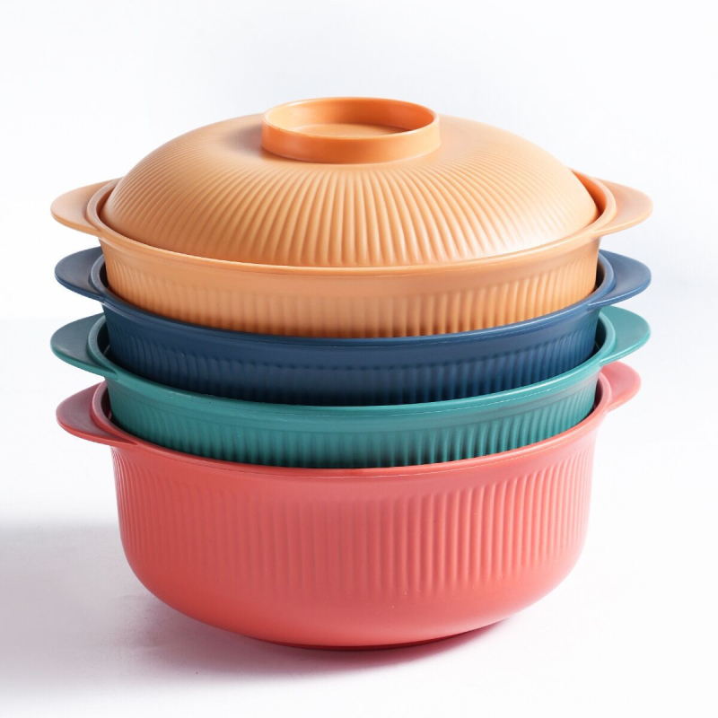 Vas din plastic cu capac pentru tăiței instant, formă circulară, diametru 20 cm, model cu dungi, stil modern minimalist, potrivit pentru microunde