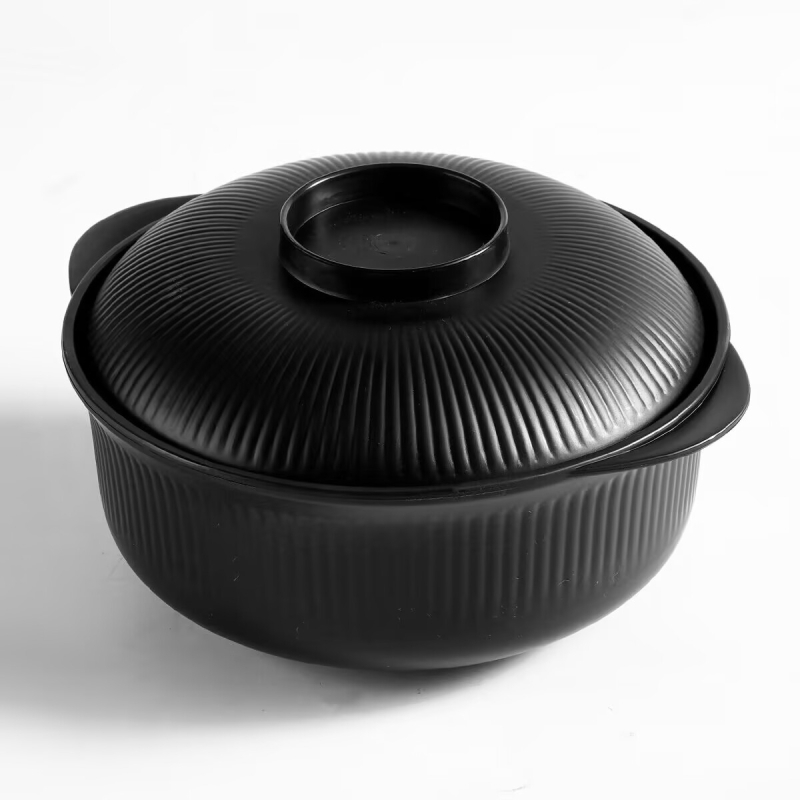 Vas din plastic cu capac pentru tăiței instant, formă circulară, diametru 20 cm, model cu dungi, stil modern minimalist, potrivit pentru microunde