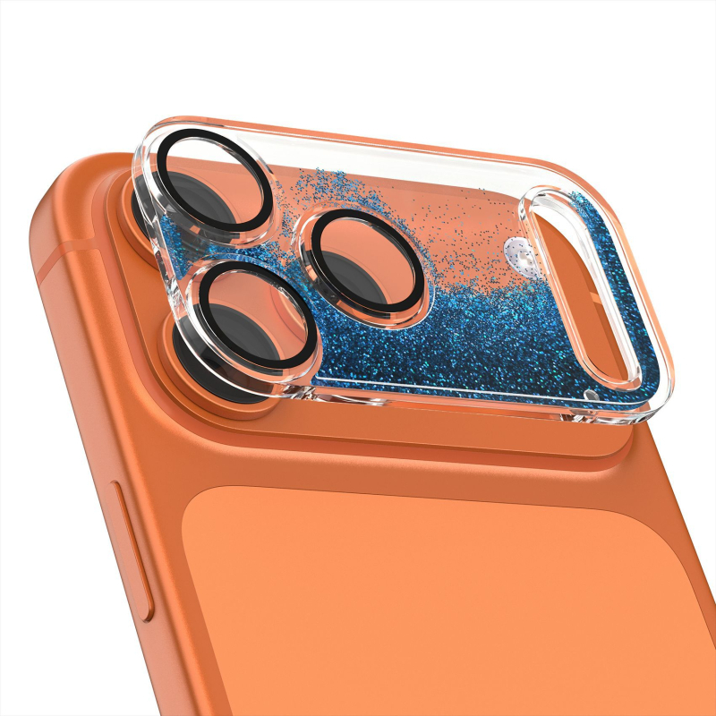 Φιλμ προστασίας φακού για iPhone 17 Pro Max με δυναμικό γκλίτερ και βάση με υγρή άμμο, ενσωματωμένος προστατευτής φακού