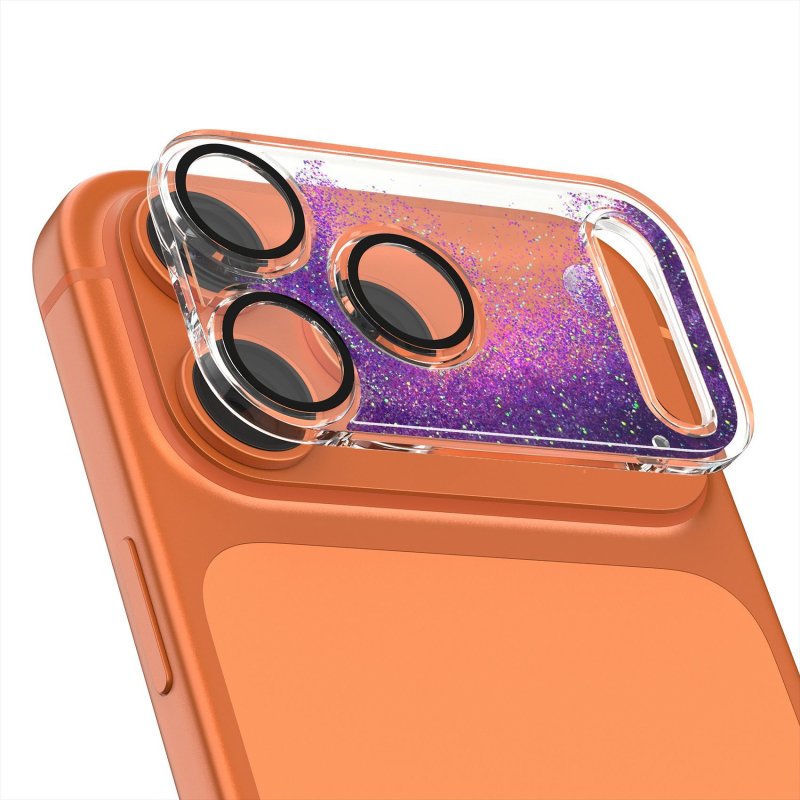 Φιλμ προστασίας φακού για iPhone 17 Pro Max με δυναμικό γκλίτερ και βάση με υγρή άμμο, ενσωματωμένος προστατευτής φακού