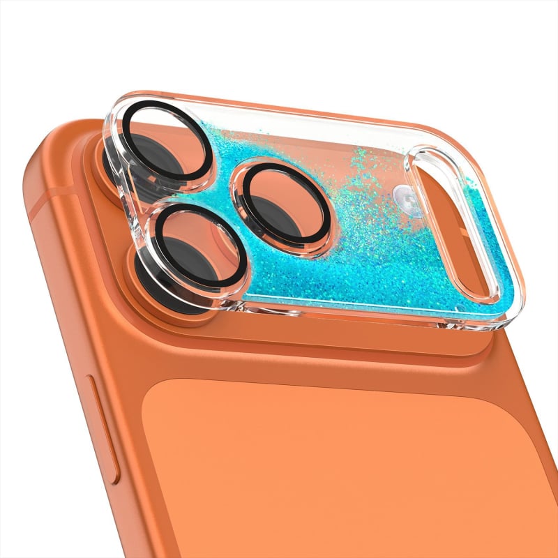 Φιλμ προστασίας φακού για iPhone 17 Pro Max με δυναμικό γκλίτερ και βάση με υγρή άμμο, ενσωματωμένος προστατευτής φακού
