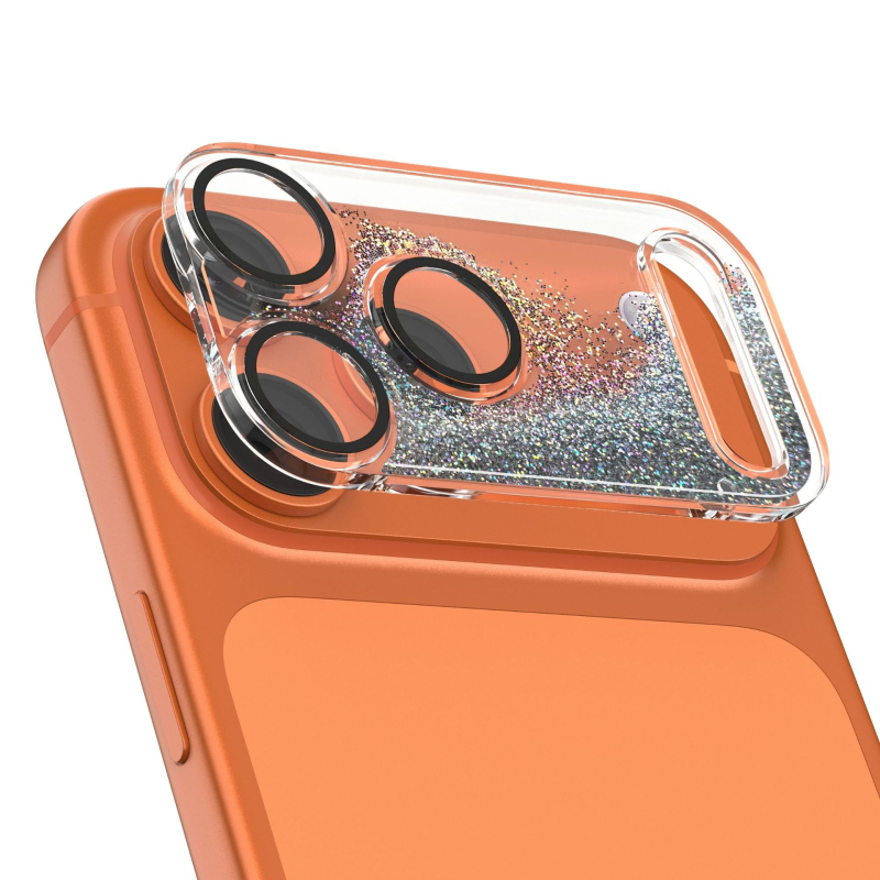 Φιλμ προστασίας φακού για iPhone 17 Pro Max με δυναμικό γκλίτερ και βάση με υγρή άμμο, ενσωματωμένος προστατευτής φακού