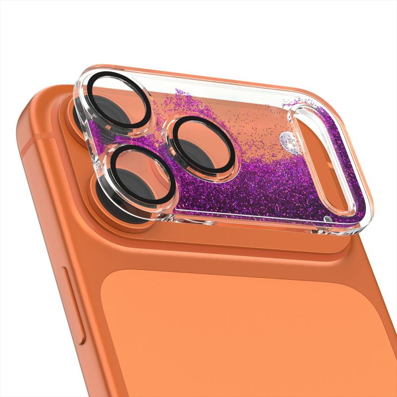 Φιλμ προστασίας φακού για iPhone 17 Pro Max με δυναμικό γκλίτερ και βάση με υγρή άμμο, ενσωματωμένος προστατευτής φακού