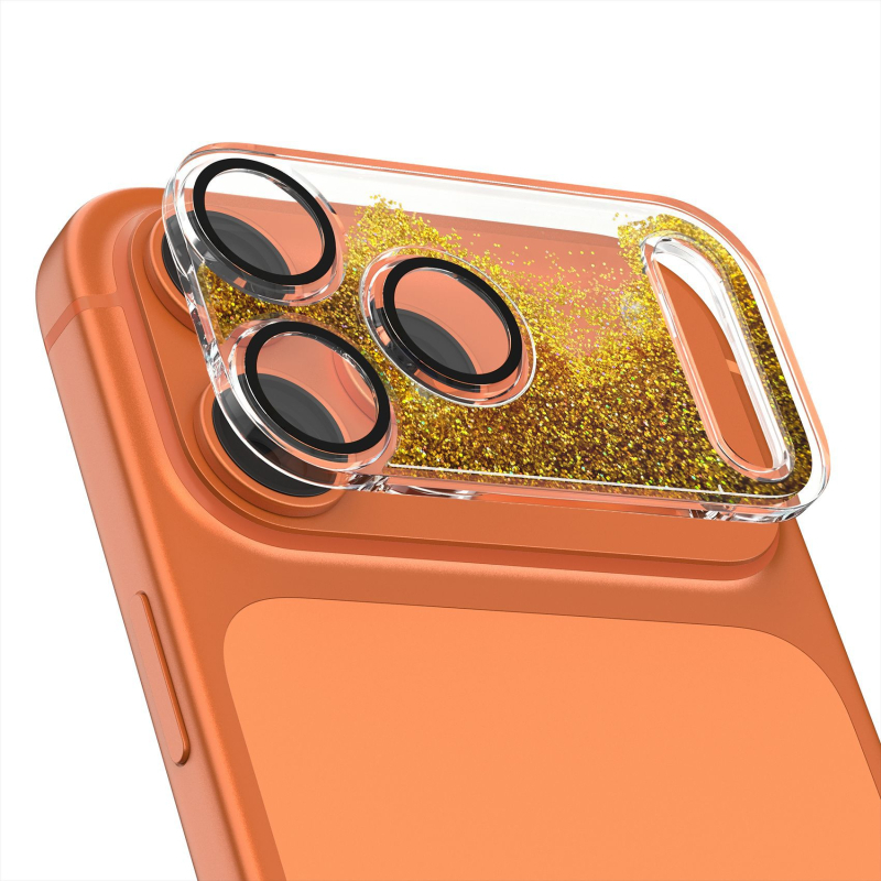 Φιλμ προστασίας φακού για iPhone 17 Pro Max με δυναμικό γκλίτερ και βάση με υγρή άμμο, ενσωματωμένος προστατευτής φακού