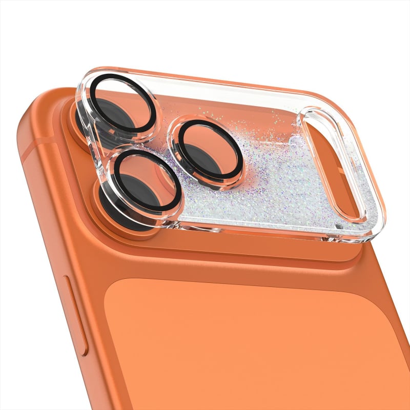 Φιλμ προστασίας φακού για iPhone 17 Pro Max με δυναμικό γκλίτερ και βάση με υγρή άμμο, ενσωματωμένος προστατευτής φακού