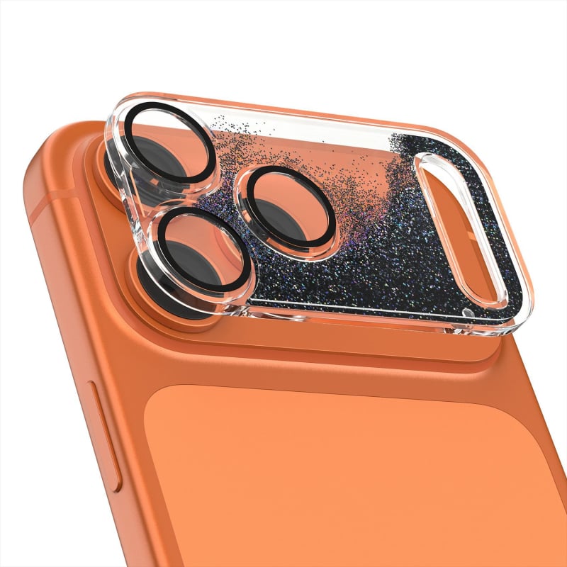 Φιλμ προστασίας φακού για iPhone 17 Pro Max με δυναμικό γκλίτερ και βάση με υγρή άμμο, ενσωματωμένος προστατευτής φακού