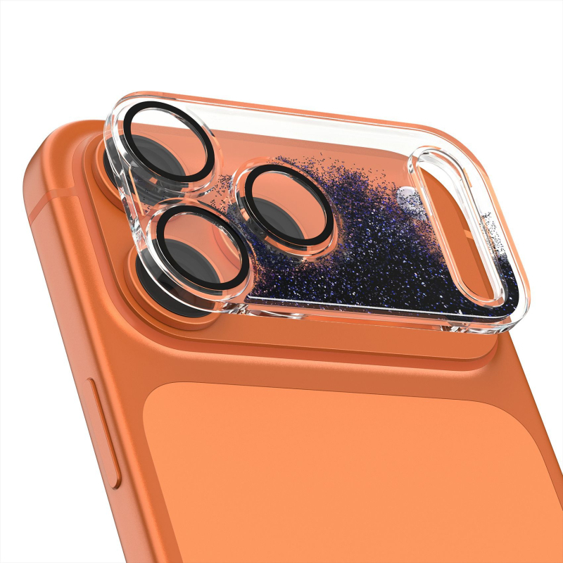 Φιλμ προστασίας φακού για iPhone 17 Pro Max με δυναμικό γκλίτερ και βάση με υγρή άμμο, ενσωματωμένος προστατευτής φακού