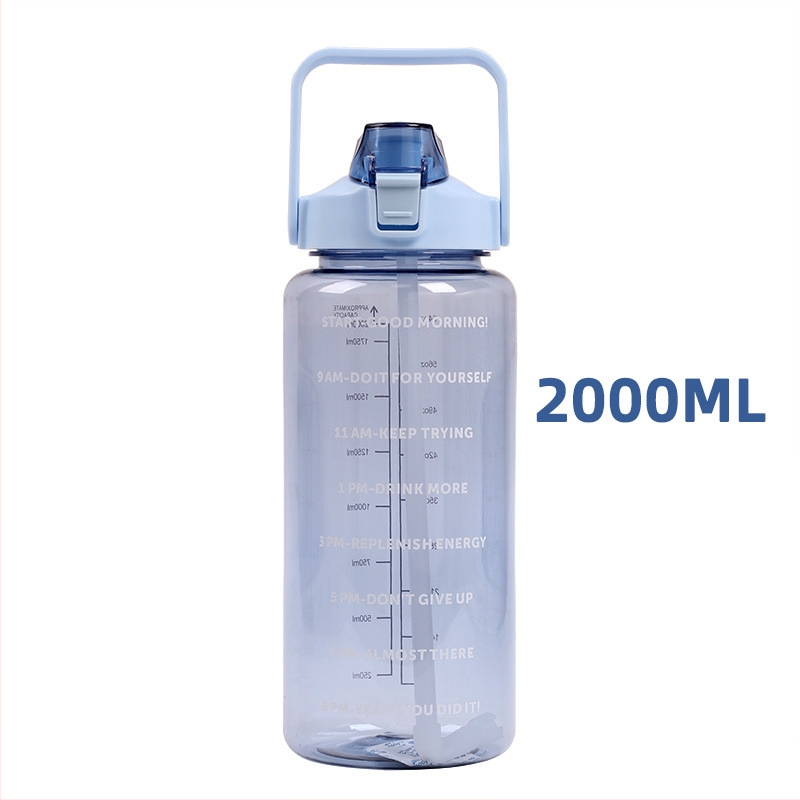2000 ml plastová fľaša na vodu so slamkou, so stupnicou, prenosná vesmírna šálka, veľký objem