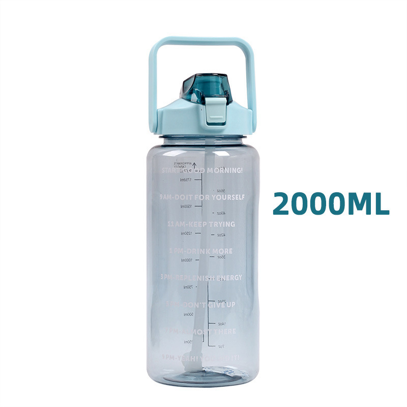2000 ml pahar din plastic cu pai, sticlă de apă sport cu scară de măsurare, portabil, cupă spațială, capacitate mare