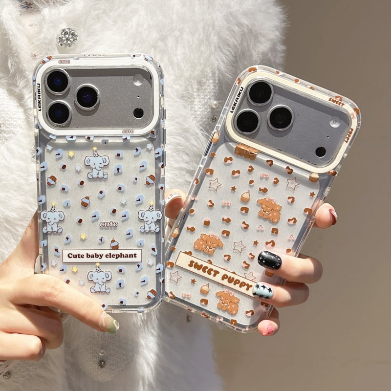 Maska za stražnji poklop za iPhone 13 i iPhone 14 Pro Max s leopard printom i motivima slončića i šteneta, originalni dizajn, kreativni stil, korejski stil, lagani luksuz, proziran